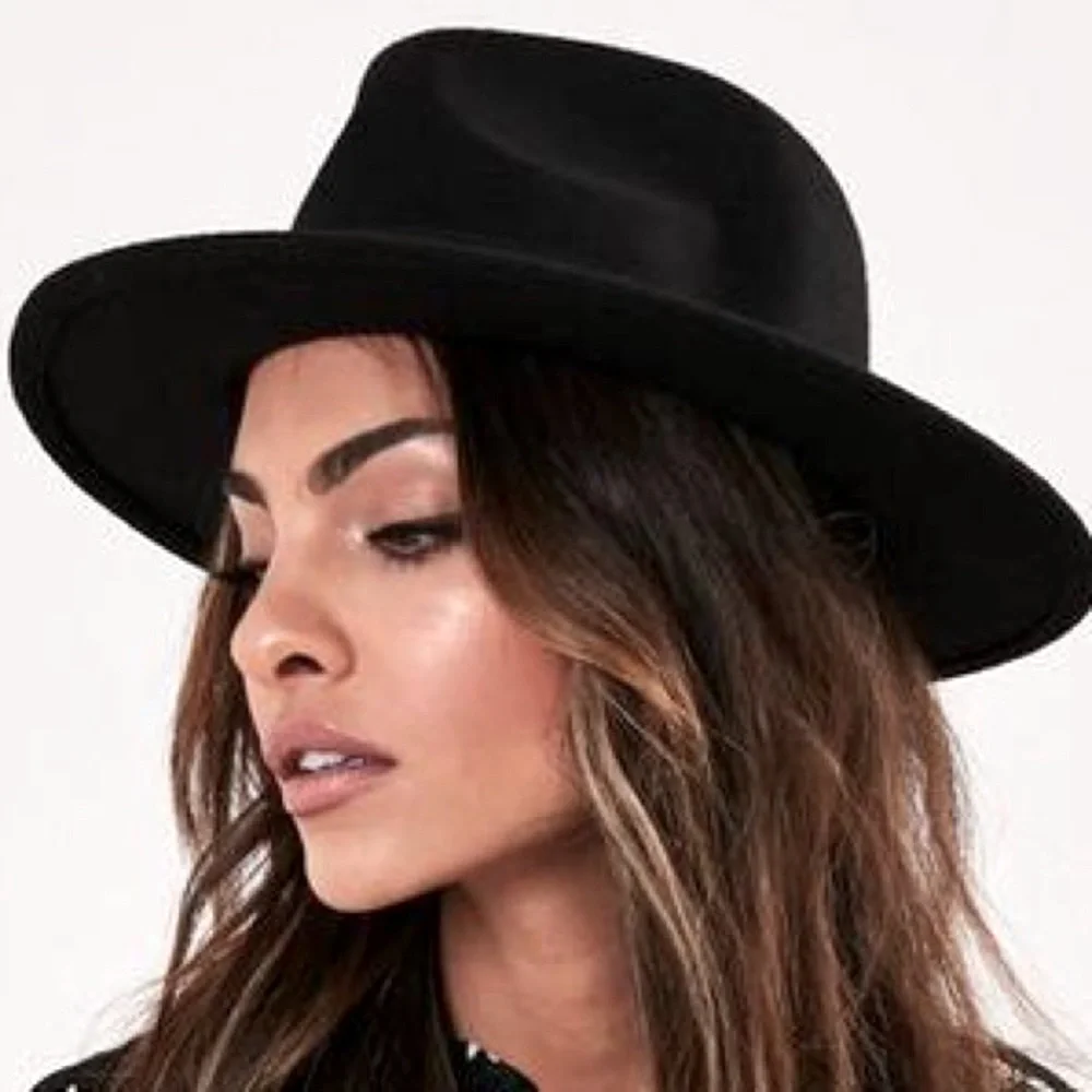 Black Fedora Hat W/Ribbon Wrapped Around Brim Of The Hat